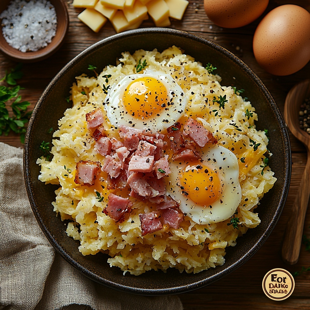 20 oz shredded hash browns in a neat pile with a fluffy, slightly coarse texture, golden and pale yellow tones; small dish of melted butter gleaming with a smooth, glossy surface; three large raw eggs with smooth, glossy white shells arranged in a triangle; eight crispy, reddish-brown bacon strips fanned out showcasing their crunchy, textured edges; small bowl of diced ham cubes with a rich pink color and slightly glossy finish; heap of shredded cheddar cheese in vibrant orange-yellow curls; small bowls of coarse salt and freshly ground black pepper with contrasting white and black specks; ingredients arranged evenly spaced on a clean, light wooden surface that emphasizes warmth and freshness; natural soft daylight illuminating the scene, highlighting textures and colors vividly; minimal shadows with bright, inviting tones; fresh and rustic styling with subtle props like a neutral linen napkin and a simple wooden spoon nearby to add homely charm. overhead shot, top down view, flat lay photography, professional food styling --ar 1:1 --q 2 --s 750 --v 6.1