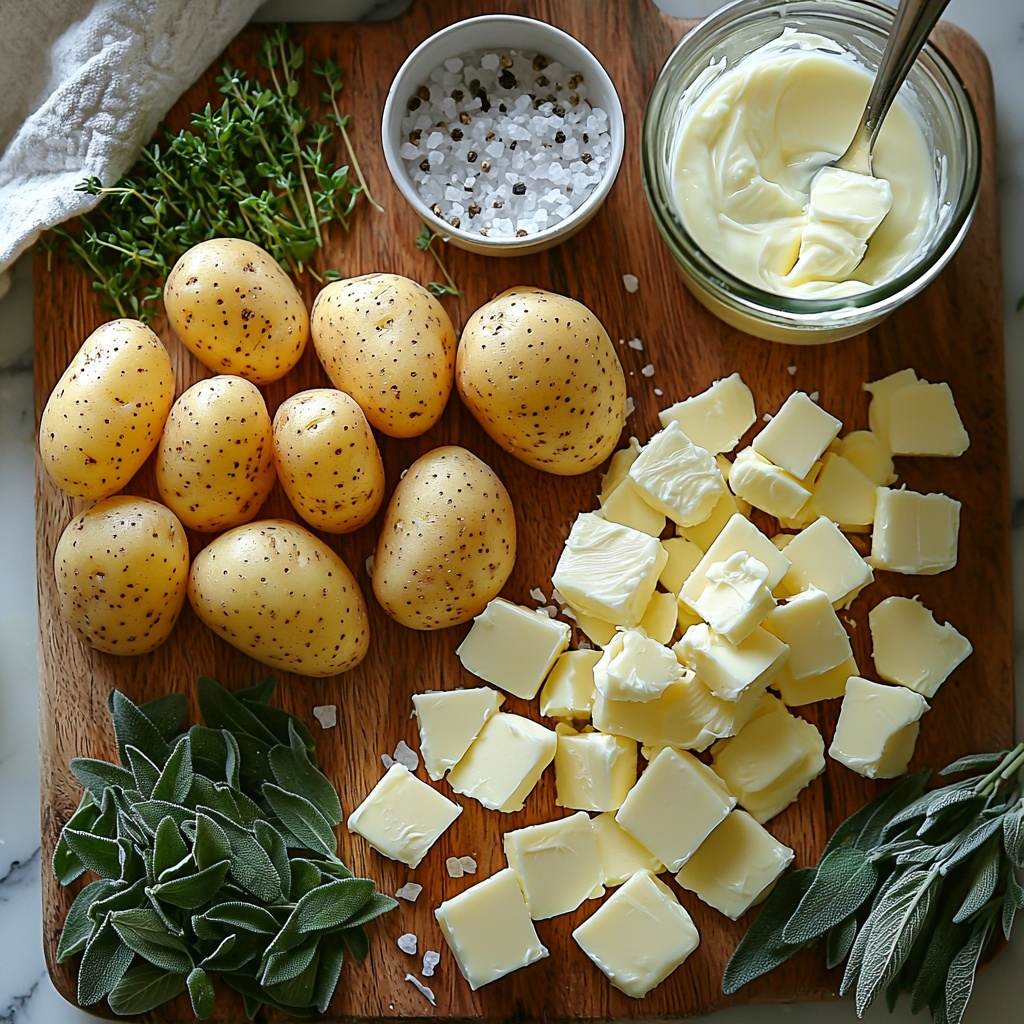 Yukon gold and russet potatoes, peeled and quartered, scattered naturally with some whole cloves of garlic beside finely minced garlic in a small white bowl; a half cup of unsalted butter divided into rustic pats with a few melting softly on a wooden cutting board; a glass measuring cup with warm creamy heavy cream, creamy white and smooth; fresh herbs—bright green finely chopped chives, thyme sprigs, and sage leaves arranged delicately on a clean white marble surface; small piles of kosher salt and cracked black peppercorns in white ceramic spoons; a clean, minimal background in soft natural light highlighting the warm golden hues of the potatoes and butter, contrasting with the fresh vibrant greens of the herbs and the creamy textures; subtle shadows adding depth, styled with a light linen napkin and a stainless steel potato masher casually placed to the side, overhead shot, top down view, flat lay photography, professional food styling --ar 1:1 --q 2 --s 750 --v 6.1