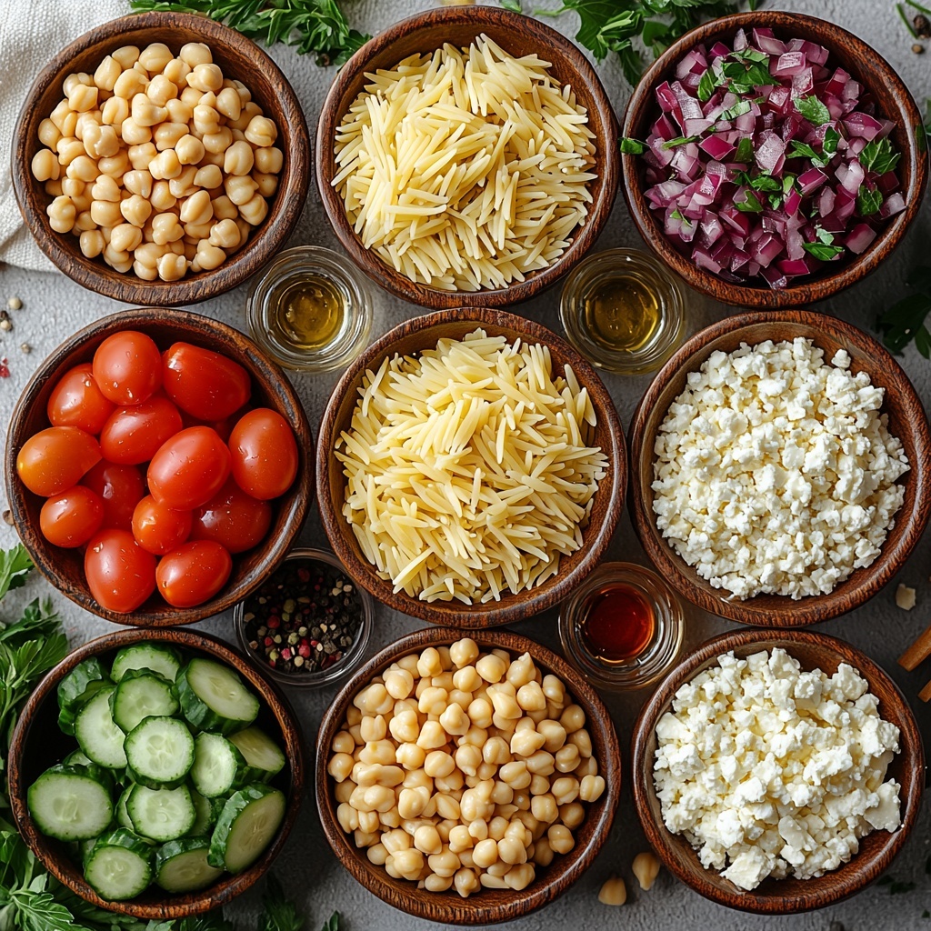 8 ounces dried orzo pasta in a small rustic ceramic bowl, golden-yellow tiny pasta grains; 6 tablespoons golden olive oil in a glass measuring cup with light reflecting off the surface; 2 tablespoons rich deep red wine vinegar in a small clear bowl; 1 tablespoon bright yellow lemon juice in a tiny white porcelain dish; 2 teaspoons smooth Dijon mustard in a mini white ramekin; 2 tablespoons glossy amber honey dripping slightly from a wooden honey dipper; 1 teaspoon dried Italian seasoning herbs scattered loosely on the surface showing green and brown flecks; a small heap of vibrant red pepper flakes; salt and black peppercorns in miniature white bowls; 1 ½ cups fresh diced cucumbers with pale green skin and crisp, translucent flesh arranged neatly; 1 ½ cups ripe red tomato cubes showing glossy, juicy texture; 1 can garbanzo beans drained, creamy beige, slightly textured, in a vintage colander; ¼ cup finely diced red onion with sharp purple hues; 1 cup crumbled white feta cheese with a crumbly texture and slight sheen; ¼ cup bright green chopped fresh parsley sprinkled lightly. All ingredients tastefully spaced on a clean white matte surface with soft natural light casting gentle shadows. Styling includes small wooden spoons, linen napkin edges, and fresh herbs subtly placed for color contrast and texture variety, minimalistic and elegant presentation. overhead shot, top down view, flat lay photography, professional food styling --ar 1:1 --q 2 --s 750 --v 6.1