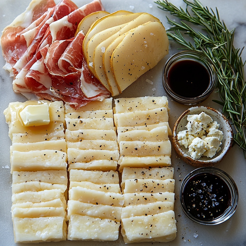 Refrigerated pizza dough crust cut into squares with a smooth, pale golden texture, thinly sliced fresh pears showcasing soft yellow-green hues and delicate translucence, thin strips of rosy pink prosciutto with subtle marbling, crumbled creamy white gorgonzola cheese with blue veins, shredded mozzarella cheese in a fluffy white pile, small bowl of melted golden butter glistening, coarse salt and cracked black pepper scattered lightly, fresh sprigs of green rosemary, small dish of dark glossy balsamic vinaigrette—all arranged neatly on a clean white surface with natural soft lighting highlighting the varied textures and colors, slight shadows for depth, minimalistic rustic styling with ample negative space to emphasize each ingredient, overhead shot, top down view, flat lay photography, professional food styling --ar 1:1 --q 2 --s 750 --v 6.1