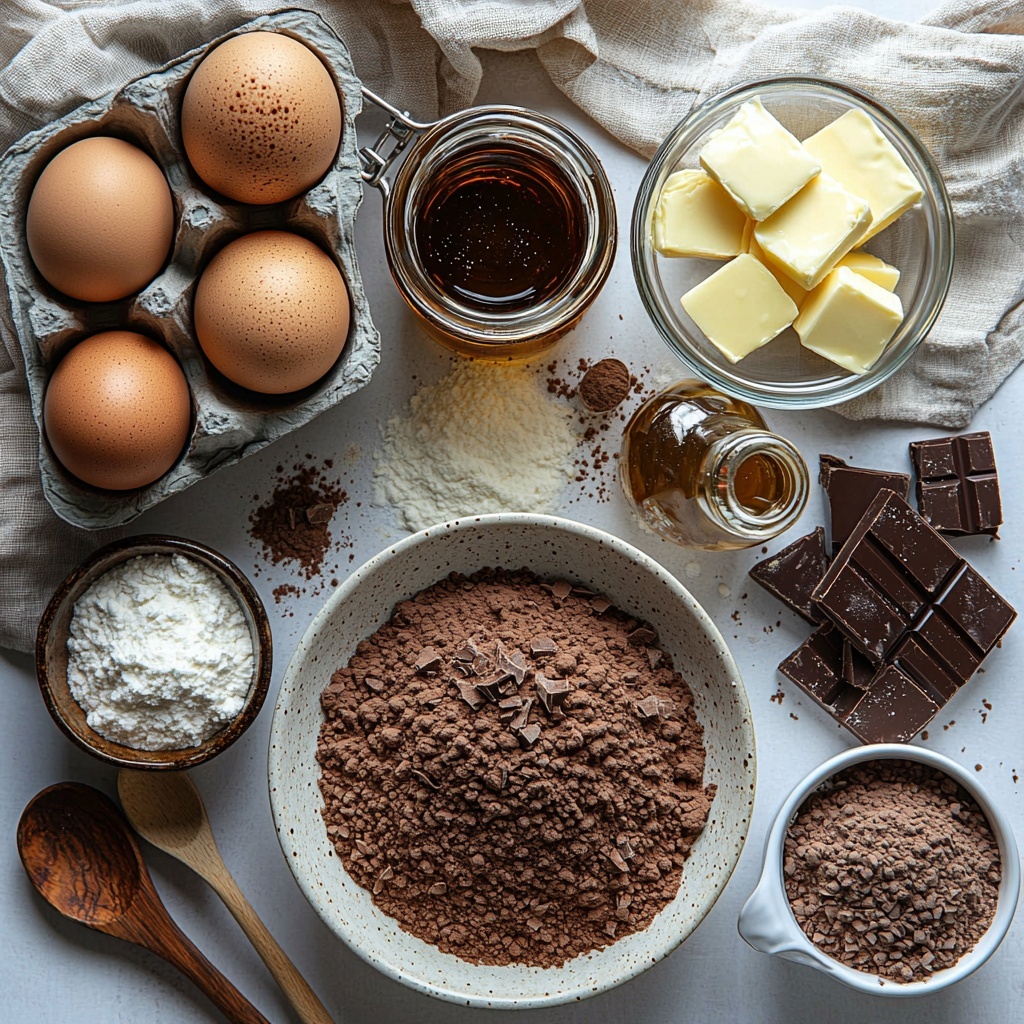Unsweetened cocoa powder in a small rustic ceramic bowl, granulated sugar in a clear glass jar spilling slightly onto the clean white surface, a half cup of melted butter in a small steel saucepan with a buttery sheen, two large brown eggs with smooth shells next to a cracked eggshell, a neat mound of all-purpose flour on a crisp white plate showing fine powder texture, a small elegant glass of creamy Baileys Irish Cream with light reflections, a classic white bowl filled with fluffy powdered sugar, a small glass bottle of vanilla extract with amber liquid inside, all ingredients arranged thoughtfully with some natural light casting soft shadows, subtle touches of wooden spoons and linen napkins with neutral tones to add warmth and texture, slight flour dusting around the flour plate for authenticity, background a clean white matte surface to emphasize the rich brown and creamy tones of the ingredients, overhead shot, top down view, flat lay photography, professional food styling --ar 1:1 --q 2 --s 750 --v 6.1