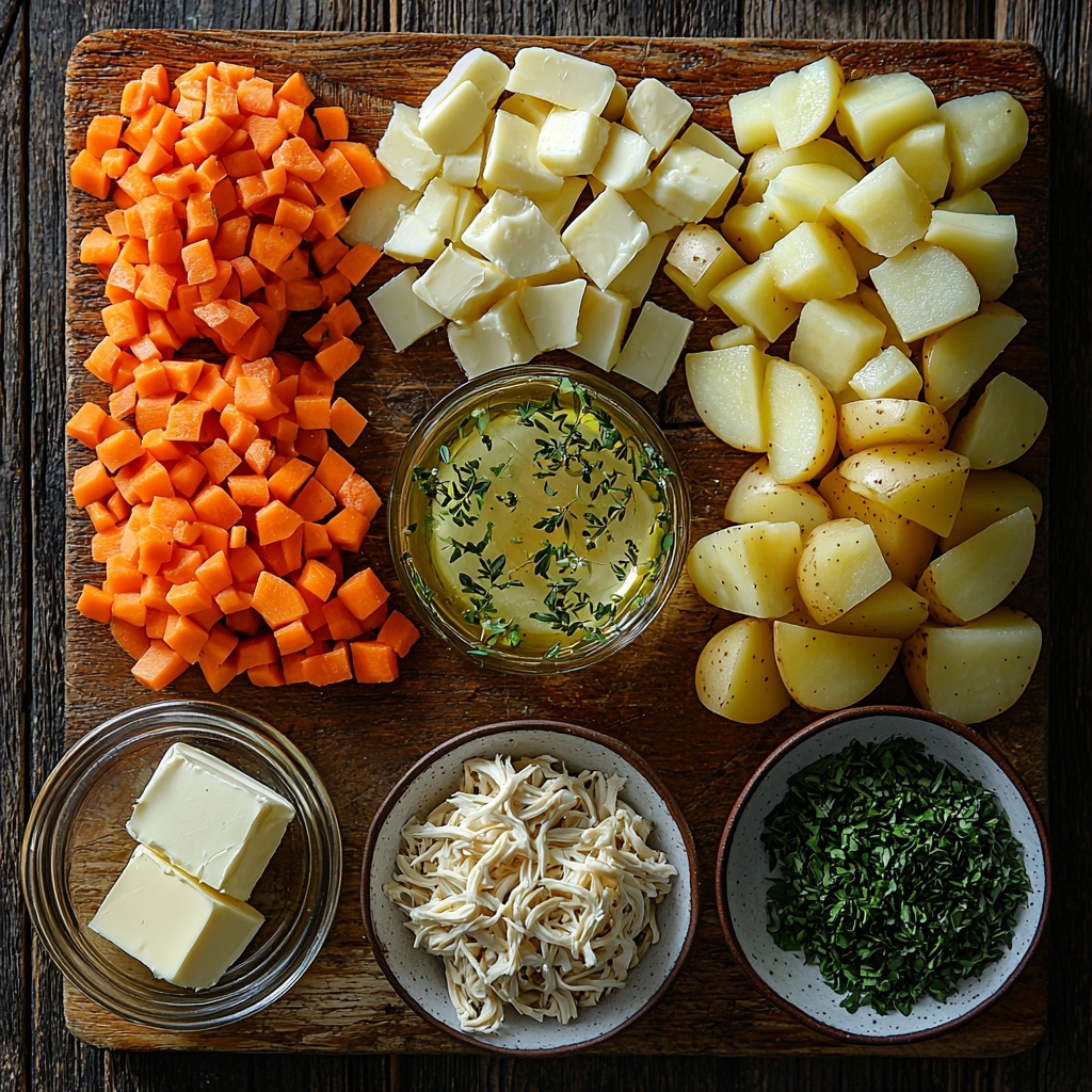 a clean white rustic wooden surface neatly arranged with the main ingredients for rotisserie chicken noodle soup: a small glass bowl of golden olive oil shimmering under soft light, a pat of creamy unsalted butter on a white ceramic dish, a medium onion finely diced into small translucent pieces on a wooden cutting board, vibrant orange diced carrots in a neat pile, fresh celery stalks finely diced showing pale green hues with subtle texture, three cloves of peeled garlic finely minced, a small heap of finely chopped fresh thyme with tiny green leaves, a single dried bay leaf with muted olive tones, a small bowl of coarse kosher salt crystals sparkling subtly, a clear glass jug filled with rich golden chicken broth, diced Yukon gold potatoes showcasing their pale yellow flesh with smooth skin texture, a small vintage bowl holding wide egg noodles with a soft pale ivory color and slightly curled shape, shredded white meat from rotisserie chicken arranged loosely with fibrous texture visible, and a sprinkle of finely chopped bright green parsley for garnish. The ingredients are spaced evenly with gentle shadows and soft natural light emphasizing the contrast of colors and textures. The composition is balanced and inviting, styled to evoke warmth and freshness. overhead shot, top down view, flat lay photography, professional food styling --ar 1:1 --q 2 --s 750 --v 6.1