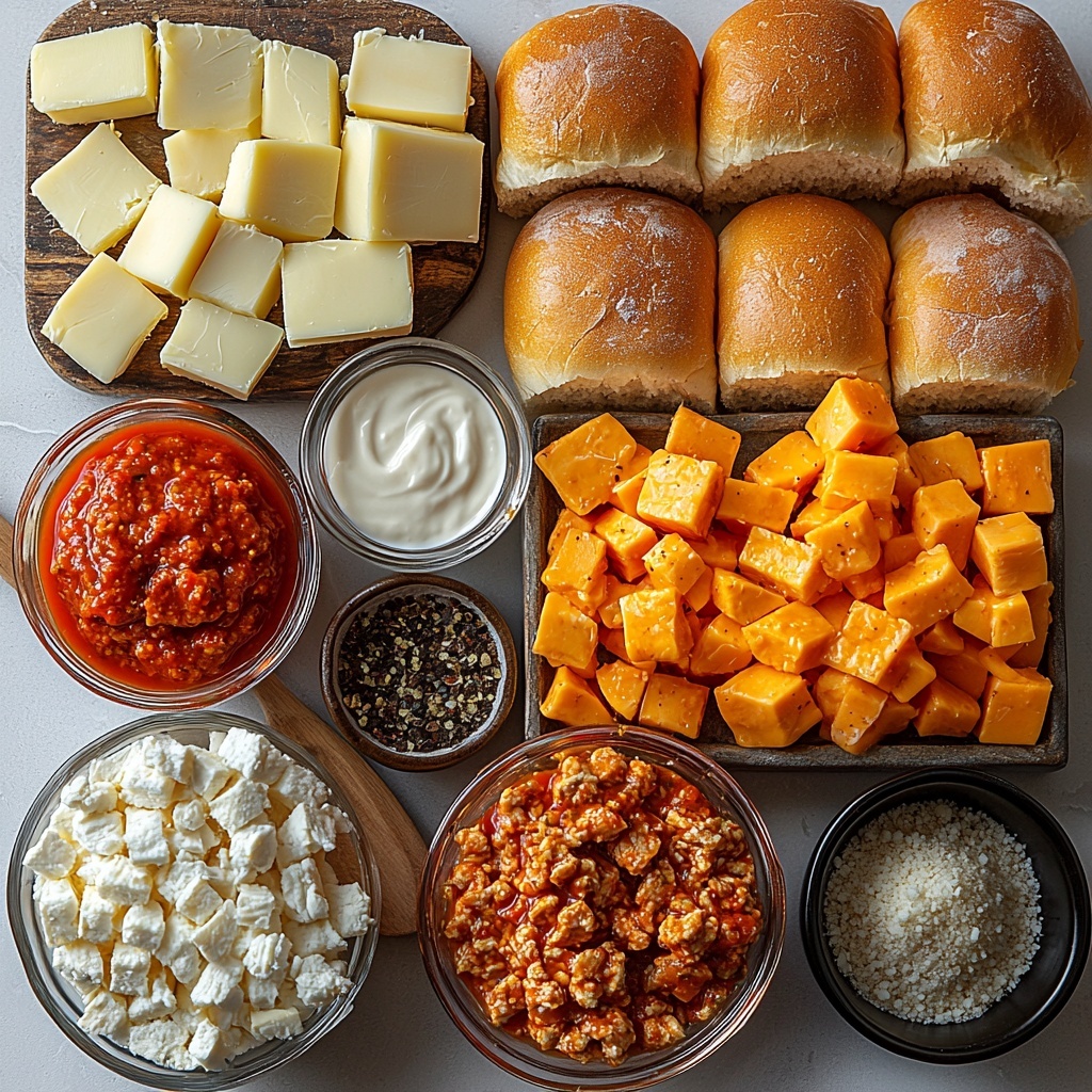 Cajun Chicken Sloppy Joes ingredients artfully arranged on a clean white surface: small glass bowls filled with bright red tomato sauce and deep umami-rich tomato paste; a rustic wooden spoon resting beside a pile of finely chopped translucent onions and minced garlic cloves; a small heap of golden brown Cajun seasoning powder next to a fresh ground chicken mound in a white ceramic bowl; a sleek glass bottle of olive oil catching soft light; a small pat of unsalted butter on a white dish; a heap of finely shredded sharp cheddar cheese with vibrant orange-yellow hues; a small white ramekin with smooth light brown Worcestershire sauce; a scattering of coarse brown sugar crystals and a pinch of paprika powder; a pretty stack of soft golden brioche hamburger buns split and slightly toasted showing buttery sheen; a small bowl of whole milk reflecting creamy texture; freshly ground black pepper in a tiny black bowl, salt crystals sprinkled gently nearby; all items spaced evenly with clean negative space, natural daylight casting soft shadows highlighting the rich colors and varying textures — overhead shot, top down view, flat lay photography, professional food styling --ar 1:1 --q 2 --s 750 --v 6.1