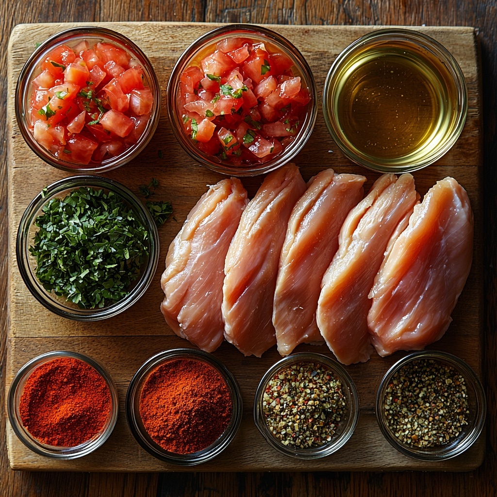 /Imagine prompt: A clean, light-colored wooden surface displaying all the main ingredients for healthy crockpot chicken tacos arranged neatly in a flat lay style. Two plump, raw boneless, skinless chicken breasts with a smooth, pale pink texture sit centrally on a rustic wooden cutting board. Surrounding the chicken are small bowls with vibrant spices: deep red chili powder, warm brown cumin, rich orange paprika, fine white garlic powder, and pale beige onion powder, each in ceramic bowls with matte finishes. Nearby, a clear glass bowl holds bright red salsa, thick and chunky with visible tomato bits. A small glass bowl with fresh lime juice glistens with a vivid yellow-green hue. A clear measuring cup contains light golden chicken broth, reflecting soft natural light. The ingredients are spaced evenly, with some loose spilled spices adding a casual, inviting touch. Soft natural daylight illuminates the scene, highlighting the rich colors and varied textures, with subtle shadows adding depth. The composition feels fresh, wholesome, and ready for cooking, styled simply yet elegantly for food photography. Overhead shot, top down view, flat lay photography, professional food styling --ar 1:1 --q 2 --s 750 --v 6.1