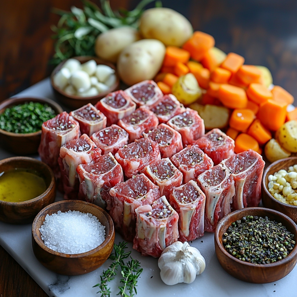 A clean white marble surface with a neatly arranged flat lay of the main ingredients for air fryer rack of lamb: a raw frenched rack of lamb showcasing rich red meat and white bone tips placed centrally, small bowls containing golden olive oil, finely minced garlic cloves with their slightly glossy texture, fresh sprigs of vibrant green rosemary and thyme herbs with delicate leaves scattered artistically nearby, small piles of coarse sea salt and freshly cracked black peppercorns adding texture contrast, optional elements including a small dish of bright green mint sauce and a rustic wooden bowl holding colorful roasted vegetables like orange carrots, golden roasted potatoes, and tender green asparagus. Soft natural lighting highlights the varied textures—the meat’s marbled fat, the garlic’s fine mince, the herbs’ fresh vibrancy—creating an inviting and balanced composition with plenty of negative space around the ingredients. The overall palette is natural and earthy with pops of green and warm golden tones. The style is minimalist and elegant, with props limited to simple ceramic and wooden bowls to emphasize freshness and quality.

Overhead shot, top down view, flat lay photography, professional food styling --ar 1:1 --q 2 --s 750 --v 6.1