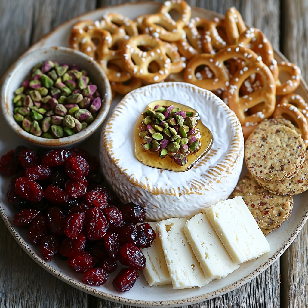 boursin cheese wheels at room temperature, creamy white with soft texture, spread partially on a rustic white ceramic plate; small bowl of chopped roasted salted shelled pistachios, vibrant green and brown tones with crunchy texture; pile of glossy dried cranberries in deep red hues beside the pistachios; small dish of golden amber hot honey with smooth, sticky sheen and gentle drizzles around; salted pretzels and assorted crackers arranged casually nearby, warm brown and tan colors, some overlapping; all ingredients neatly arranged on a clean light wooden surface with natural soft daylight, subtle shadows enhancing textures and colors, minimalistic styling with a touch of rustic charm, fresh and inviting atmosphere, slight crumbs and natural imperfections for authenticity, overhead shot, top down view, flat lay photography, professional food styling --ar 1:1 --q 2 --s 750 --v 6.1