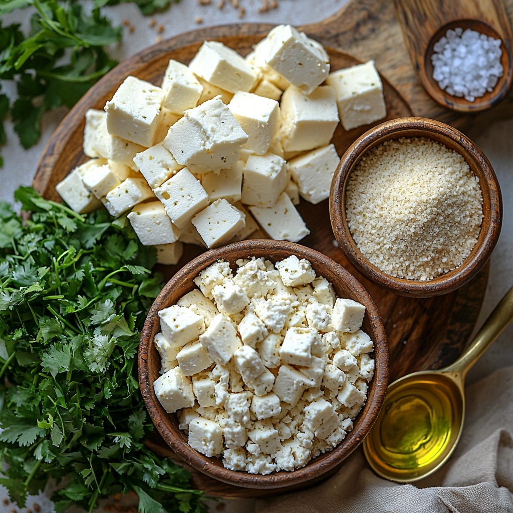 paneer crumbled in a small rustic bowl, bright green finely chopped chili scattered beside it, fresh vibrant coriander leaves loosely piled with delicate texture, golden wheat flour in a neat mound, coarse semolina grains forming a small pile nearby, brass spoon holding aromatic cumin seeds with a warm brown hue, a tiny bowl of rich golden oil with a slight sheen, scattered salt crystals sparkling subtly on a clean white surface, all ingredients arranged harmoniously with slight spacing to highlight individual textures and natural colors, soft natural lighting enhancing freshness and subtle shadows for depth, styled with minimal props like a small wooden board and a linen napkin for warmth and authenticity, overhead shot, top down view, flat lay photography, professional food styling --ar 1:1 --q 2 --s 750 --v 6.1