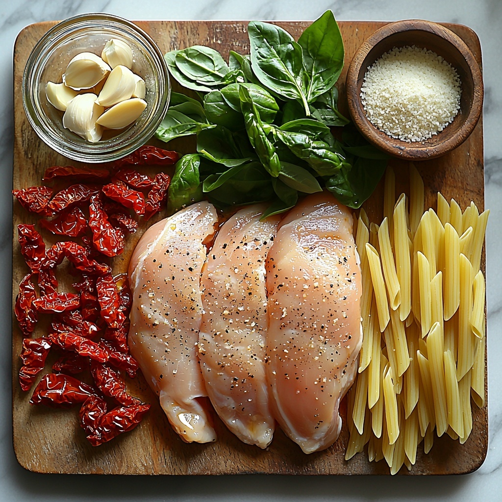 2 tablespoons golden olive oil in a small glass dish, raw whole chicken breasts seasoned with kosher salt showing smooth pale pink texture, a small mound of coarse white kosher salt crystals, chopped deep red sun-dried tomatoes with a slightly wrinkled texture in a rustic bowl, 5 cloves of peeled garlic with smooth off-white skins, a clear measuring cup filled with rich golden chicken broth, a small pitcher of thick pale cream, uncooked penne pasta with smooth tubular shapes and pale yellow color arranged in a neat pile, fresh vibrant green spinach leaves with visible veins and crisp texture, a small wooden bowl filled with finely grated creamy white Parmesan cheese, a bunch of bright green torn basil leaves scattered artfully, all ingredients laid out on a clean warm white marble surface with natural soft daylight casting gentle shadows, minimal props to keep focus on the colors and textures, emphasis on freshness and rustic Italian charm, overhead shot, top down view, flat lay photography, professional food styling --ar 1:1 --q 2 --s 750 --v 6.1