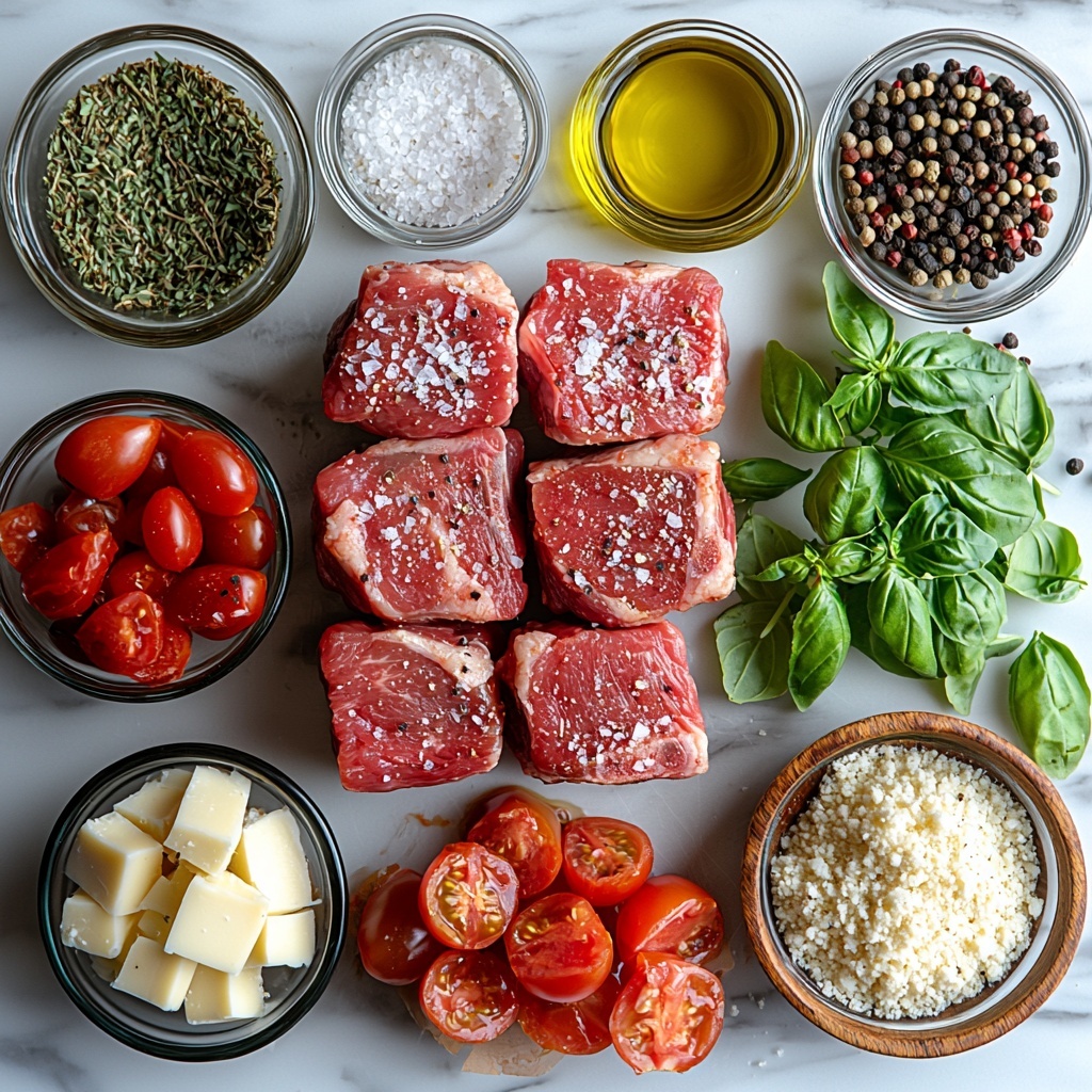 boneless pork chops arranged in a neat stack showcasing their tender pink color and smooth texture, small glass bowls containing olive oil with a golden sheen, minced garlic cloves with a fresh, slightly coarse texture, scattered coarse salt and cracked black peppercorns adding contrast on the white surface, sprigs of fresh thyme and bright green chopped parsley loosely spread around, dried oregano and crushed red pepper flakes displayed in tiny ceramic spoons for vibrant reds and earthy greens, a rustic cup filled with rich, creamy half-and-half with a smooth surface, a small bowl of bright red chopped tomatoes or sun-dried tomatoes showing juicy texture, finely grated pale Pecorino Romano cheese heaped elegantly on a wooden scoop, flaky golden Panko breadcrumbs sprinkled artistically in a small pile, fresh basil leaves with glossy dark green hues placed as final garnish, all ingredients arranged thoughtfully on a clean white marble countertop with soft natural light casting gentle shadows to highlight textures and colors, subtle use of rustic wooden boards and neutral linen napkins to add warmth and balance, overhead shot, top down view, flat lay photography, professional food styling --ar 1:1 --q 2 --s 750 --v 6.1
