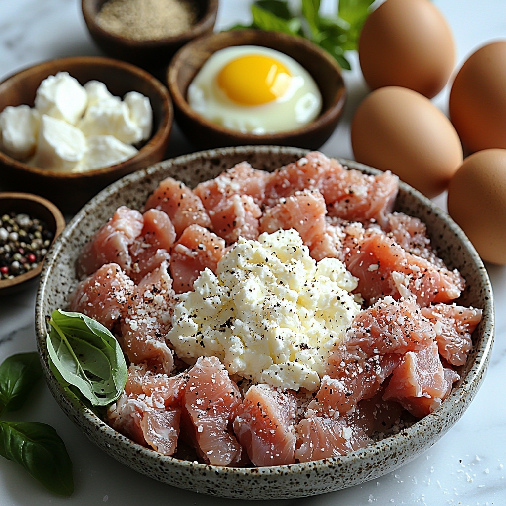 Boneless chicken breast pieces raw, a small mound of grated Parmesan cheese with fine texture, cracked eggs in rustic ceramic bowls showing golden yolks, creamy white ricotta or cream cheese in a smooth dollop on a small plate, a bowl of golden brown breadcrumbs or finely ground almond flour with a slightly grainy texture, small wooden spoons holding pale garlic powder, coarse salt crystals, and freshly ground black peppercorns scattered casually, all arranged neatly on a bright, clean white marble surface with natural soft daylight creating gentle shadows, minimal green herb sprigs for subtle color contrast, warm and inviting cozy kitchen vibe, overhead shot, top down view, flat lay photography, professional food styling --ar 1:1 --q 2 --s 750 --v 6.1