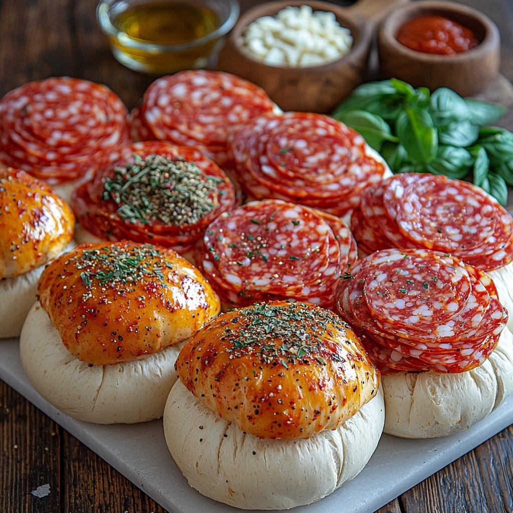 Twelve slider buns arranged in a neat cluster showcasing their soft golden crusts, stacks of thinly sliced salami, pepperoni, and ham fanned out in overlapping layers highlighting their rich reds and pinks with marbled fat, slices of creamy provolone cheese laid flat in smooth white sheets, a small bowl of vibrant red marinara sauce with visible herbs, a clear glass dish of golden olive oil glistening under soft light, a rustic wooden spoon holding a blend of Italian seasoning with dried green herbs, small rustic bowls with garlic powder and onion powder in fine white powders, coarse salt and freshly ground black pepper scattered lightly near the spices, fresh bright green basil leaves placed artfully for a pop of color, all items thoughtfully spaced on a clean white marble surface to enhance natural colors and textures, natural diffused daylight illuminating the scene emphasizing the freshness and inviting appeal, subtle shadows adding depth without distraction, minimalistic styling with focus on ingredient authenticity and freshness, overhead shot, top down view, flat lay photography, professional food styling --ar 1:1 --q 2 --s 750 --v 6.1