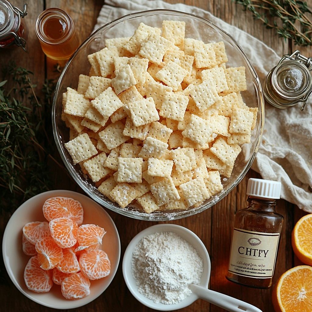 Chex cereal scattered in a large clear glass bowl showing its crispy, textured, light golden squares; a small white ceramic bowl filled with smooth, glossy white chocolate chips; a vintage silver tablespoon with a dollop of soft, golden unsalted butter; a tiny white dish holding bright, finely grated orange zest alongside a small glass vial containing translucent orange extract; a small clear bottle of vanilla extract with amber liquid inside; a delicate mound of fine, powdery white powdered sugar on crumpled parchment paper; a couple of drops of vibrant orange food coloring in a small glass dropper bottle; all ingredients arranged neatly on a clean, neutral-colored wooden surface with natural light casting soft shadows, subtle sprigs of fresh green herbs for contrast, gentle textures in cloth napkins and rustic baking props around the edges to enhance the cozy, inviting atmosphere — overhead shot, top down view, flat lay photography, professional food styling --ar 1:1 --q 2 --s 750 --v 6.1