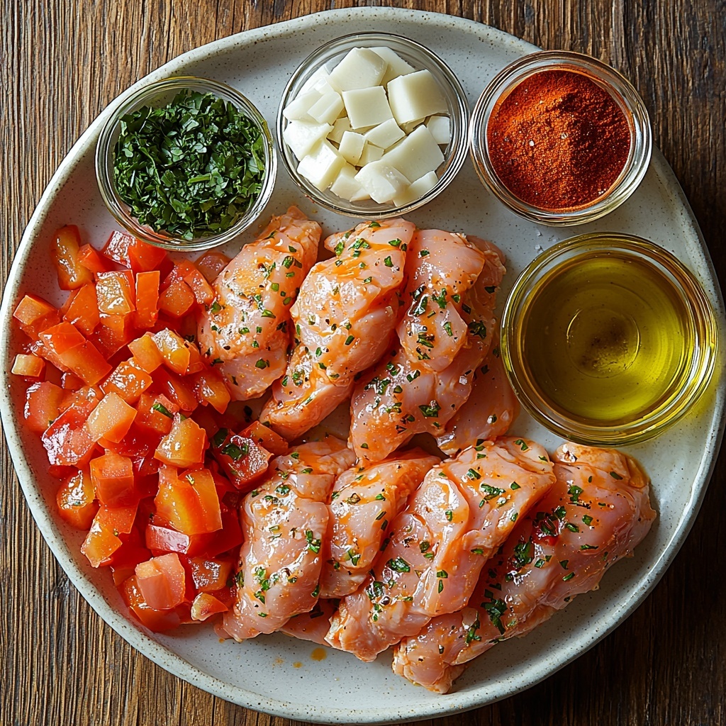 4 boneless skinless chicken breasts raw, plump and pale pink; small glass bowl of golden olive oil with glossy sheen; finely chopped white onion scattered loosely on white ceramic plate; minced garlic cloves in a small wooden bowl with rough texture; bright red chopped bell pepper pieces in a small clear glass dish highlighting vibrant color; small bowl of deep red peri peri sauce with a smooth, slightly glossy texture; measuring cup filled with thick, creamy off-white heavy cream; tiny bowls containing paprika powder deep orange-red, fine salt crystals sparkling white, and coarse black peppercorns; fresh green chopped parsley sprinkled lightly on rustic wooden surface; all ingredients neatly arranged with space between them on a clean, neutral-toned background emphasizing natural colors and textures, soft natural lighting creating gentle shadows, minimalistic styling with focus on freshness and contrast, overhead shot, top down view, flat lay photography, professional food styling --ar 1:1 --q 2 --s 750 --v 6.1