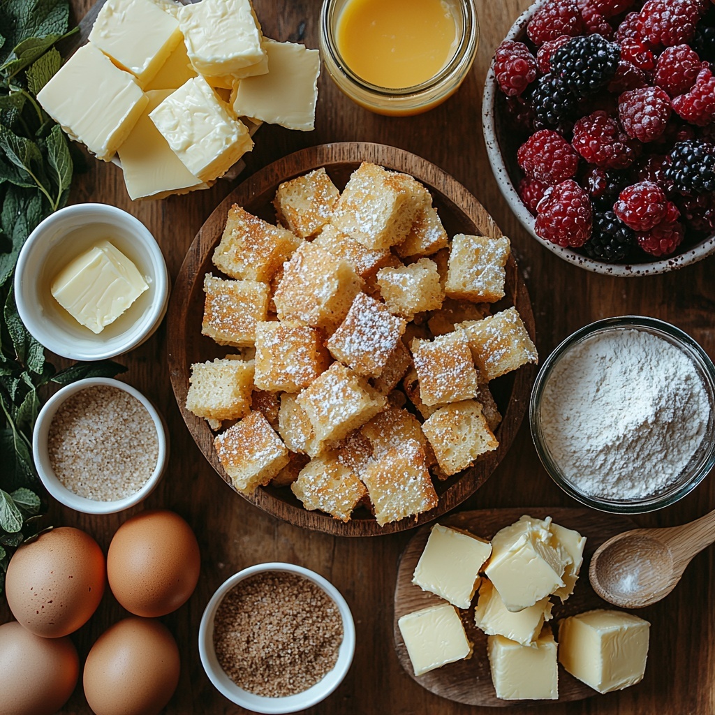 A clean, light wooden surface beautifully arranged with all ingredients for overnight French toast: a rustic loaf of day-old French bread cut into golden, irregular cubes piled neatly in a small wooden bowl; a vintage glass measuring cup filled with creamy whole milk; seven large brown eggs carefully placed in a white ceramic egg tray; a small glass bowl overflowing with packed light brown sugar showing rich caramel tones; a tiny white ramekin with warm cinnamon powder; a pinch of coarse kosher salt scattered artistically beside a small wooden spoon; half a cup of salted butter cubed into smooth, pale yellow chunks on a small white plate; a small bowl of all-purpose flour with fine, powdery texture; a separate glass bowl containing the crumbly topping mixture of butter, flour, and brown sugar with visible crunchy bits; and a vibrant cluster of mixed berries in deep reds, purples, and blues arranged to the side, some spilling gently onto the surface. The scene is styled with soft natural light highlighting textures—the fluffy bread cubes, glossy eggs, powdered cinnamon, and juicy berries—balanced spacing creating harmony and inviting warmth. Overhead shot, top down view, flat lay photography, professional food styling --ar 1:1 --q 2 --s 750 --v 6.1