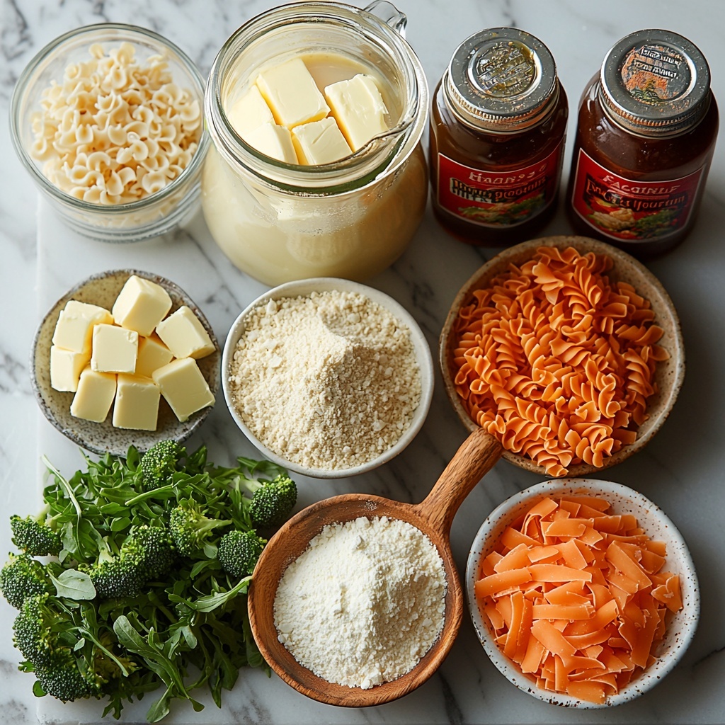 chicken broth in a clear glass measuring cup with a spout, creamy half and half in a small white ceramic pitcher, a half chicken bouillon cube wrapped in foil next to it, a small bottle of Frank's hot sauce with a bright red label, tiny piles of onion powder, garlic powder, oregano, basil, mustard powder, and dried parsley arranged neatly on a white ceramic spoon set, glossy golden butter cubes, fine white flour dusted lightly on a wooden spoon, a small bowl of finely chopped vibrant green broccoli, uncooked gemelli pasta with a spiral shape and pale yellow color arranged in a loose pile, shredded bright orange cheddar cheese in a small rustic bowl, finely grated Parmesan cheese forming a delicate mound on a small plate; all ingredients placed thoughtfully on a clean white marble surface with soft natural lighting casting gentle shadows to emphasize textures — textures ranging from smooth liquids to powdery spices and rough shredded cheese — composition balanced with bowls and utensils creating an inviting, organized look perfect for recipe visualization, subtle pops of green and orange bringing warmth and freshness, overhead shot, top down view, flat lay photography, professional food styling --ar 1:1 --q 2 --s 750 --v 6.1