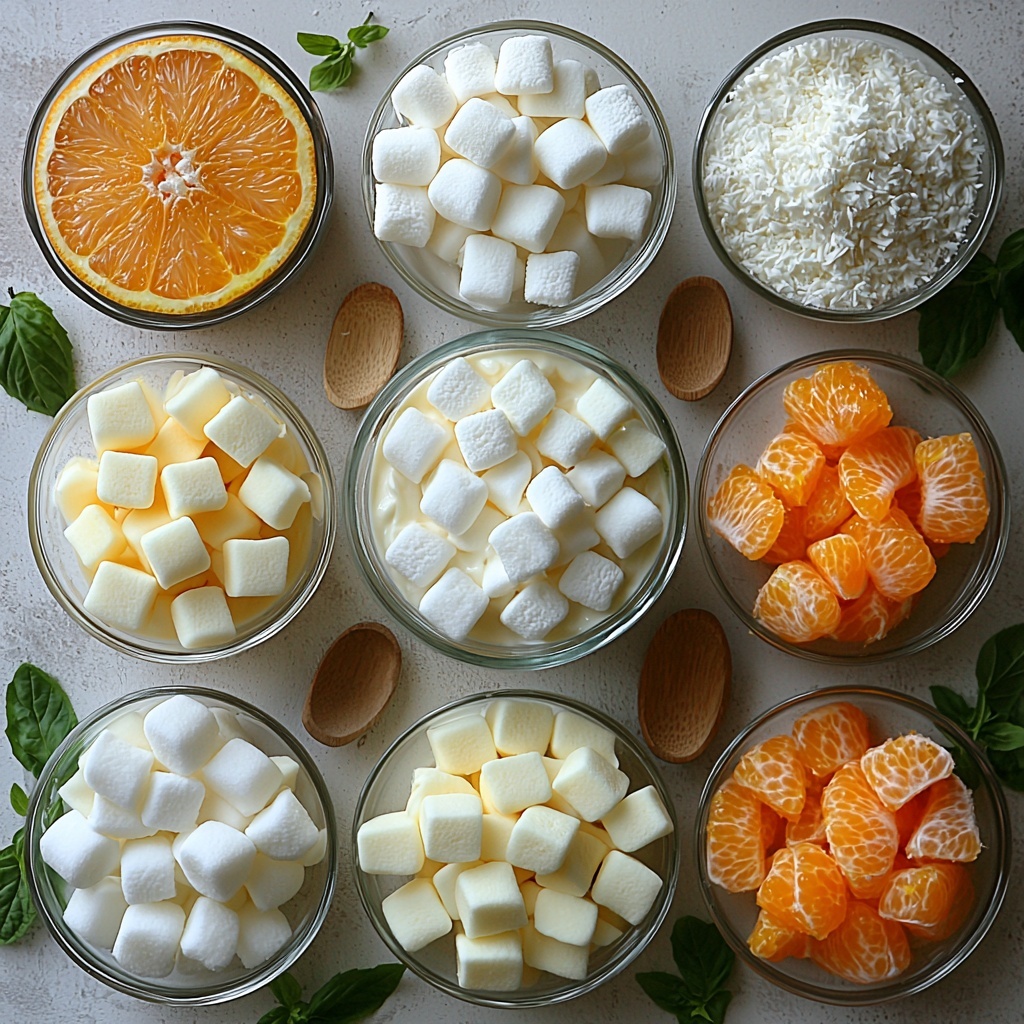 A clean, bright white surface neatly arranged with the main ingredients for Ambrosia Salad: a small glass bowl filled with creamy, smooth sour cream (or plain vanilla yogurt) showing its glossy texture; a pile of fluffy, pastel-colored miniature marshmallows (fruit-flavored and white) with soft, pillowy shapes; a small dish of fine, wispy sweetened coconut flakes in delicate off-white shades; a bowl of juicy, golden yellow pineapple tidbits, glistening with moisture; and a separate bowl of vibrant, glossy mandarin orange segments, their bright orange hue and slightly translucent texture catching the light. The ingredients are spaced evenly with clean lines and natural shadows, highlighting their contrasting colors and textures. Minimal props like a small wooden spoon and subtle greenery add warmth without distracting. The overall composition is fresh, inviting, and crisp, enhanced by soft natural lighting that emphasizes the colors and textures. overhead shot, top down view, flat lay photography, professional food styling --ar 1:1 --q 2 --s 750 --v 6.1