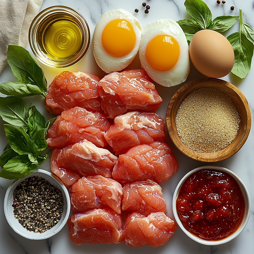 boneless skinless chicken breasts, cornstarch in a small glass bowl, two large beaten eggs in a shallow white ceramic dish, granulated sugar in a clear measuring cup, bright red ketchup in a small white ramekin, amber-colored apple cider vinegar in a glass measuring cup, light brown soy sauce in a tiny bowl, golden canola oil in a small clear pourer, garlic salt in a wooden spoon, black and white peppercorns scattered, all ingredients carefully spaced on a clean white marble surface with natural soft daylight creating gentle shadows, textures of raw chicken smooth and pale pink, powdery cornstarch, glossy beaten eggs, shiny liquids with reflections, vibrant ketchup contrasting with neutral tones, minimalist and elegant styling, slight rustic touch with a folded linen napkin in cream off to the side, fresh green herb sprigs as subtle garnish around edges, overhead shot, top down view, flat lay photography, professional food styling --ar 1:1 --q 2 --s 750 --v 6.1