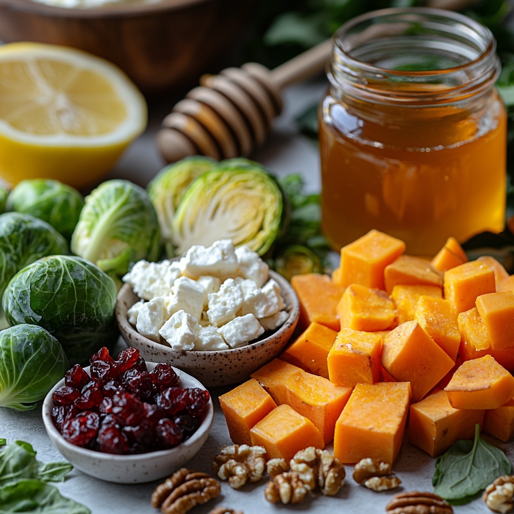 Butternut squash peeled and cubed in bright orange cubes, fresh green halved Brussels sprouts with crisp texture, sweet potato peeled and cubed in vibrant orange pieces, small bowl with glossy dried cranberries deep red, honey in a clear glass jar showing golden amber color, fresh lemon with bright yellow slices and juice droplets, crumbled creamy white goat cheese scattered in small piles, toasted walnuts or pecans with rich brown tones and rough texture, fresh mixed greens or arugula with dark green leaves, all ingredients carefully arranged on a clean white surface with natural light highlighting the colors and textures, rustic wooden spoon resting beside honey jar, minimal shadows, crisp focus, inviting and warm atmosphere, overhead shot, top down view, flat lay photography, professional food styling --ar 1:1 --q 2 --s 750 --v 6.1