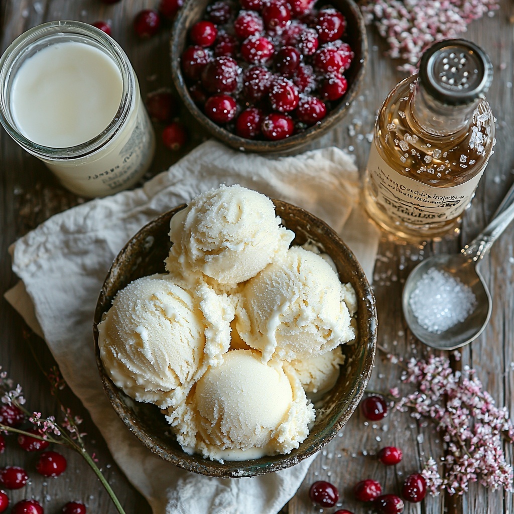 vanilla ice cream scoops slightly melting with creamy texture, a glass measuring cup filled with smooth milk, sparkling lemon-lime soda in a transparent bottle with visible bubbles, fresh bright red cranberries coated in glistening coarse sugar crystals arranged in a small rustic bowl and scattered nearby, a small clear glass bowl of coarse sparkling sugar shimmering under light, a small elegant shot glass filled with clear rum or vodka, all ingredients meticulously arranged on a pristine white surface with soft natural light casting gentle shadows, subtle props like a silver spoon and a white linen napkin adding to the clean minimalist aesthetic, focus on vibrant colors and contrasting textures emphasizing freshness and sparkle, overhead shot, top down view, flat lay photography, professional food styling --ar 1:1 --q 2 --s 750 --v 6.1