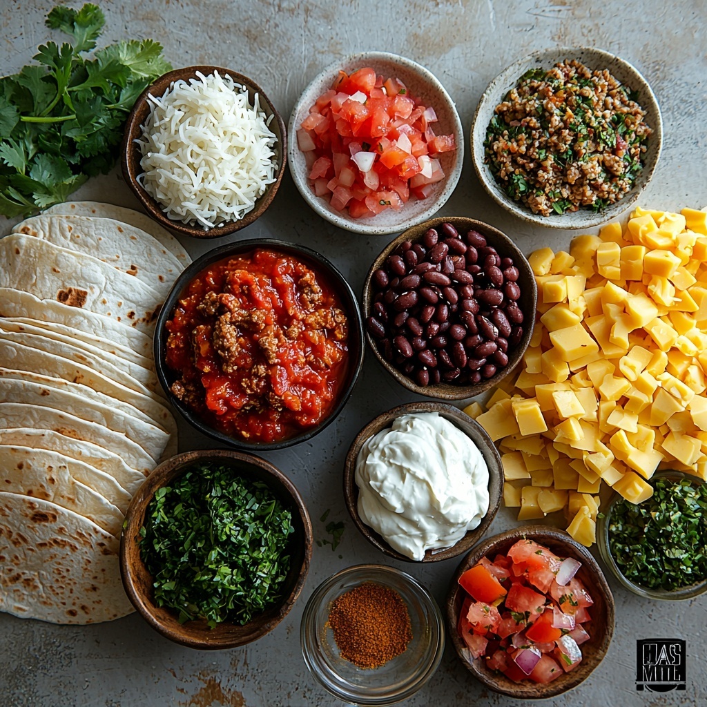 /Imagine prompt: A clean, bright surface featuring an artfully arranged flat lay of ingredients for stuffed beef burritos. Included are 1 lb of raw lean ground beef in a small rustic bowl showing its rich red texture, a small white bowl with finely chopped translucent onion, a tiny bowl of minced garlic glowing white, and a small pile of warm, golden taco seasoning powder mixed with vibrant chili powder, cumin, paprika, and oregano spices. Nearby, a glass bowl with deep red tomato sauce or chunky salsa, a small dish of golden olive oil catching light, and a rustic white cup filled with fluffy cooked long-grain white rice with a hint of steam texture. A dark bowl of glossy black beans contrasts with a heap of shredded cheddar and Mexican blend cheese in warm creamy yellow and orange tones. Fresh dollops of cool, pale sour cream and bright green guacamole sit beside a bowl of vivid red and green pico de gallo with chunks of tomato and cilantro. Fresh cilantro leaves scattered loosely add pops of bright green freshness. Six large, soft, off-white flour tortillas are fanned out, showing their soft, slightly textured surface. The ingredients are arranged with space between them on a clean white or light wood background with natural soft daylight, gentle shadows enhancing textures, and slight overhead focus emphasizing color contrast and rustic culinary vibe. Overhead shot, top down view, flat lay photography, professional food styling --ar 1:1 --q 2 --s 750 --v 6.1