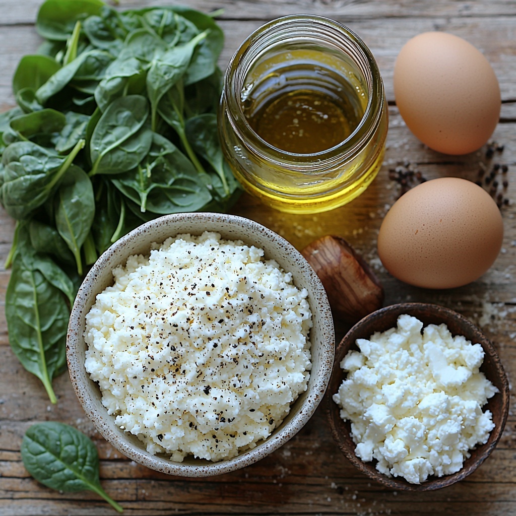Cottage cheese in a small rustic white bowl, creamy and textured; a glass jar of golden olive oil with subtle reflections; a single large brown egg with smooth shell; a wooden scoop spilling pale all-purpose flour forming a soft mound; a small ceramic bowl of fine white baking powder; a tiny dish of coarse sea salt crystals; vibrant green baby spinach leaves finely chopped and loosely scattered, showing fresh texture; a neat pile of shredded mozzarella cheese, soft and stringy with a slight sheen; all ingredients arranged neatly on a clean, light natural wood surface with soft, diffused daylight highlighting textures and colors, subtle shadows adding depth, minimal props emphasizing freshness and simplicity, clean and inviting composition, overhead shot, top down view, flat lay photography, professional food styling --ar 1:1 --q 2 --s 750 --v 6.1