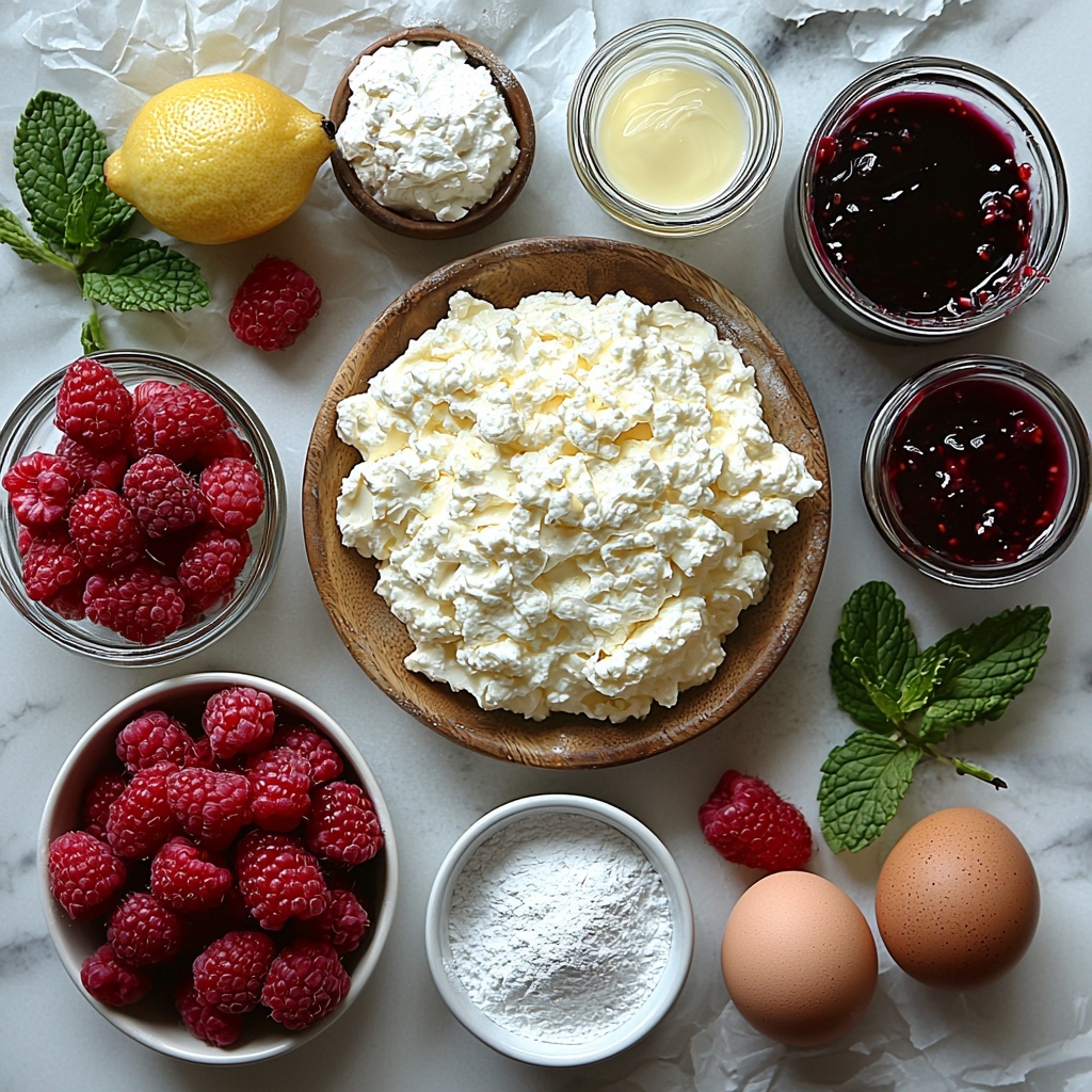 A clean white surface with a neat arrangement of ingredients for raspberry vanilla cream crepes: a small mound of all-purpose flour on a wooden spoon, two large brown eggs resting in a simple ceramic bowl, a glass measuring cup filled with milk, a small dish holding melted golden butter, and a pinch of salt in a tiny white ramekin. Nearby, a clear bowl of thick heavy cream beside a block of cream cheese on parchment paper, a small glass jar with vanilla extract, and a small bowl of powdered sugar. Fresh, vibrant red raspberries scattered artfully, a sprig of bright green mint leaves adding contrast, a small dish with lemon zest finely grated, and a drizzle of glossy raspberry coulis and melted chocolate in delicate glass vessels. Soft natural light highlights the textures—the smooth cream cheese, fluffy powdered sugar, and juicy berries—with slight shadows for depth. The composition is balanced and inviting, emphasizing freshness and homemade charm. overhead shot, top down view, flat lay photography, professional food styling --ar 1:1 --q 2 --s 750 --v 6.1