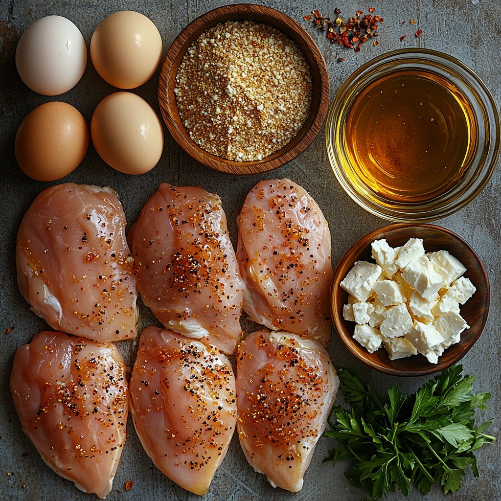 Crispy Hot Honey Feta Chicken ingredients flat lay: four raw boneless, skinless chicken breasts with smooth pale pink surfaces arranged neatly in a row; small piles of all-purpose flour mixed with warm reddish paprika and speckled garlic powder, salt, and black pepper in a shallow white ceramic bowl; two large beaten eggs in a clear glass bowl showing vibrant yellow yolk texture; a heap of golden, coarse panko breadcrumbs in a rustic wooden bowl; a small glass bowl of rich, glossy olive oil with warm amber hues; a bowl of crumbly, white feta cheese with irregular jagged pieces; a small dish of thick, amber-colored hot honey with a shiny viscous surface; a bunch of fresh bright green parsley sprigs with delicate leaves, some chopped for garnish; all ingredients arranged artfully on a clean, matte white surface with natural soft lighting highlighting textures and colors, with subtle shadows for depth, styled with minimal rustic props like linen napkin and wooden spoons for warmth—overhead shot, top down view, flat lay photography, professional food styling --ar 1:1 --q 2 --s 750 --v 6.1