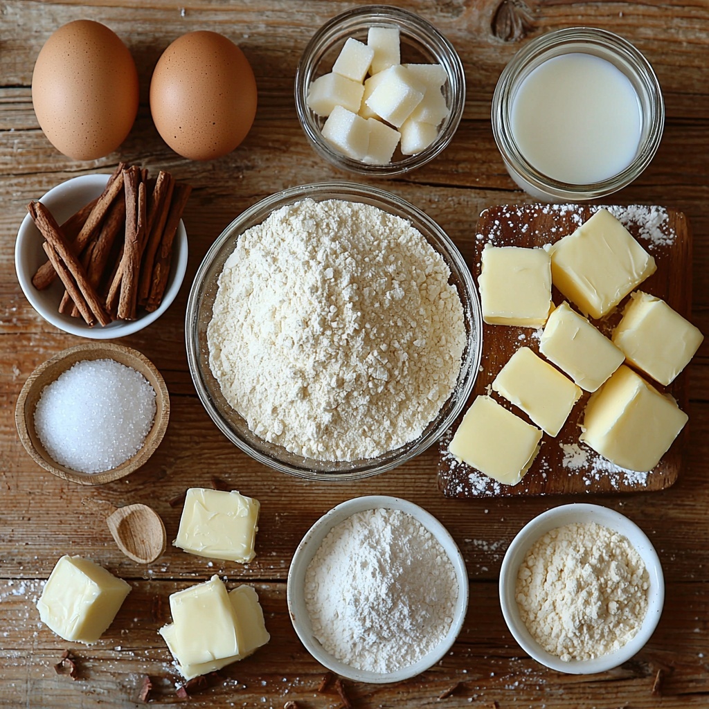 2 cups all-purpose flour in a glass bowl, fine white powder texture; 1 cup granulated sugar in a small ceramic dish, sparkling white crystals; 2 tsp baking powder heaped on a rustic wooden spoon, pale beige powder; 1/2 tsp salt in a tiny white ramekin, coarse grains; 2 tsp ground cinnamon in a small clear bowl, warm reddish-brown powder; 1/2 cup unsalted butter cut into neat cubes on a white marble slab, creamy pale yellow color and smooth texture; 2 large brown eggs with smooth shells, arranged side by side; 1/2 cup whole milk in a small glass measuring cup, creamy white liquid with subtle reflections; 1 cup powdered sugar in a fine mesh sieve over a white ceramic bowl, soft snow-like texture; 1/4 tsp vanilla extract in a tiny glass bottle with amber liquid; everything thoughtfully spaced and symmetrically arranged on a clean light wooden surface, natural soft lighting highlighting textures and colors, a sprinkle of cinnamon dust artfully scattered around, warm and inviting atmosphere, overhead shot, top down view, flat lay photography, professional food styling --ar 1:1 --q 2 --s 750 --v 6.1