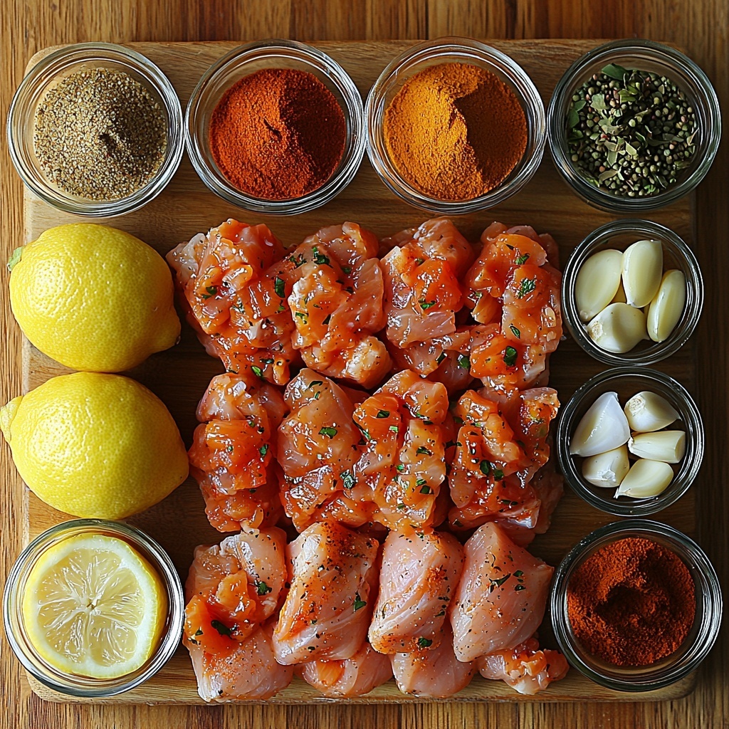 2 lbs boneless skinless chicken breasts raw and whole, small white bowl of water, small glass bowls filled with ground cumin (warm brown powder), ground sumac (deep reddish-purple powder), chili powder (vibrant rusty red), sweet paprika (bright red-orange), granulated garlic (fine off-white grains), fine sea salt (crystalline white), freshly ground black pepper (black specks), ground turmeric (bright golden yellow), ground cinnamon (warm brown), ground cloves (dark brown), small clear jar of olive oil with golden shine, small bowl of creamy beige tahini, lemon halves bright yellow with textured rind and juicy interior, small glass bowl with fresh lemon juice (pale yellow liquid), small bowl with minced fresh garlic (finely chopped white pieces), clean light wooden surface as background, ingredients neatly spaced and symmetrically arranged with scattered whole spices for texture, natural soft daylight highlighting vibrant colors and varied textures, slight shadows for depth, styled with rustic minimalism, fresh and inviting mood, overhead shot, top down view, flat lay photography, professional food styling --ar 1:1 --q 2 --s 750 --v 6.1