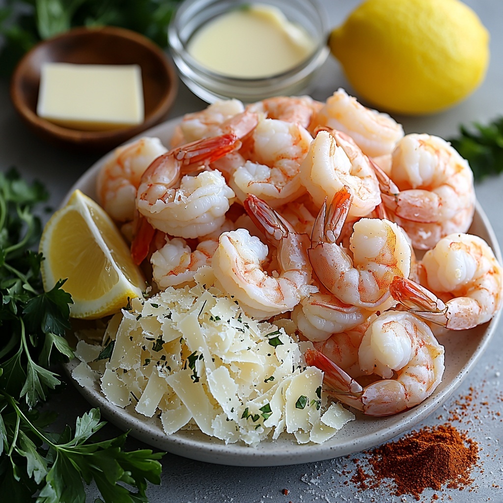 2 pounds raw shrimp with tails on, peeled and deveined, pale pink and translucent with a slight sheen, arranged in a loose cluster; freshly grated Parmesan cheese, fluffy white shreds piled on a small white plate; half a lemon, one half whole with bright yellow skin and the other half zested, showing fine lemon zest scattered nearby; fresh parsley, vibrant green leaves finely chopped and sprinkled in a small heap; paprika powder, deep rusty red powder in a small white bowl; garlic powder, off-white fine powder in a tiny ceramic dish; melted salted butter, golden yellow liquid in a clear glass measuring cup with a small drizzle spilled alongside. All ingredients neatly spaced on a clean, matte white surface with soft natural diffused light highlighting the textures—rough Parmesan, juicy lemon, delicate shrimp detail, and bright parsley contrast. Minimalist styling with subtle shadows, slight rustic elements like a wooden spoon partially visible at the edge. Overhead shot, top down view, flat lay photography, professional food styling --ar 1:1 --q 2 --s 750 --v 6.1